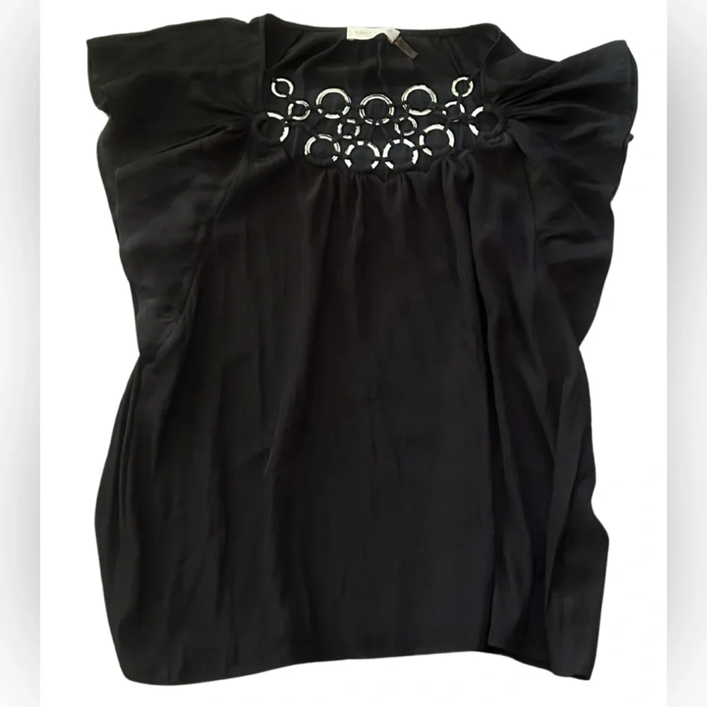 Ramy Brook Flutter Sleeve Metal Ring Neck Detail Top | Black | Size XS